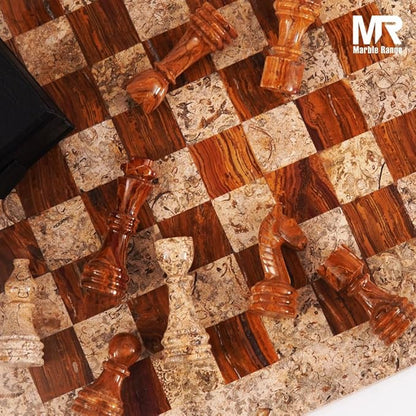 Marble Chess Set for Adults 15 Handmade Coral &amp Dark Brown Board Game with 32 Chess Pieces 2 Extra Queens &amp Storage Box Luxury Travel Game – Elegant Home Décor