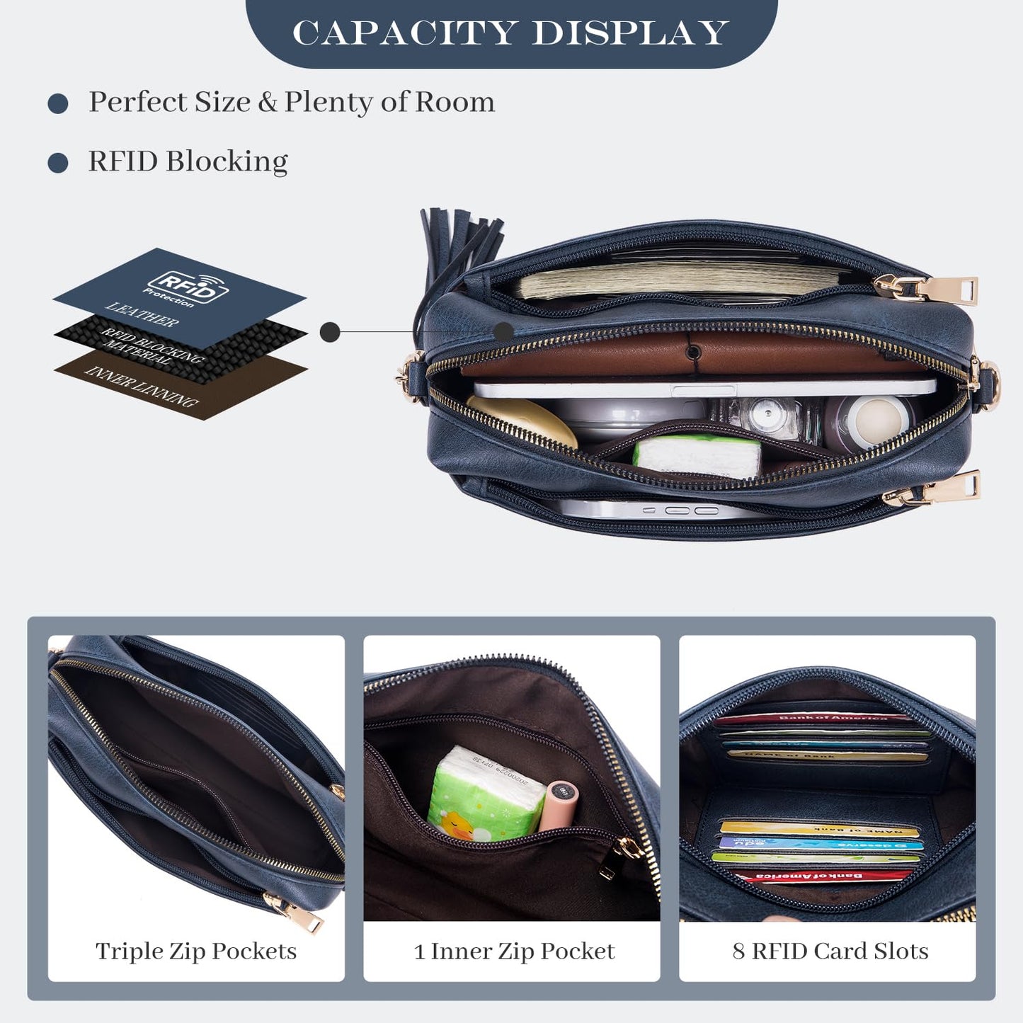 Roulens Triple Zip Small Crossbody Bag for women,Wide Strap Cell Phone Purse Shoulder Handbag Wallet with Credit Card Slots