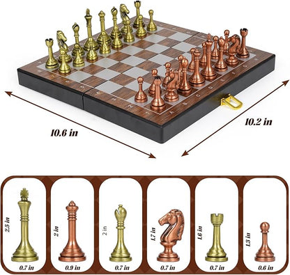10 Travel Metal Chess Set – Folding Portable Chess Board with Storage Case Weighted Metal Chess Pieces &amp 2 Extra Queens – Mini Chess Game for Kids &amp Adults