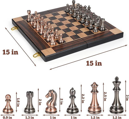15-Inch Large Metal Chess Set for Adults and Kids with Metal Chess Pieces – Foldable Wooden Board with Storage Portable Classic Game Set for Travel &amp Home Elegant Gift for Chess Enthusiasts