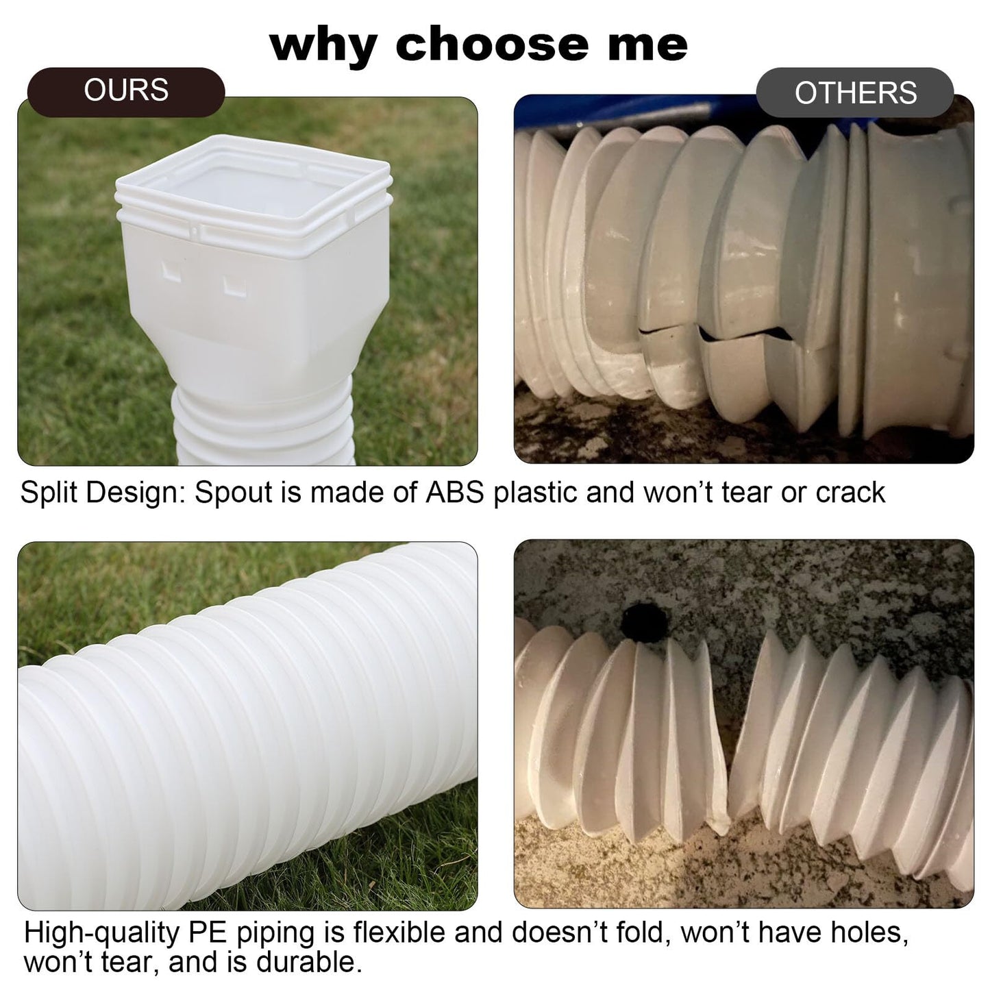 plusgutter 2 Pack Rain Gutter Downspout Extensions, Flexible Downspout Extender with 58"+68" Extendable Pipes for Rain Water Drainage, Durable Down Spout Drain Extension with Connector (White)