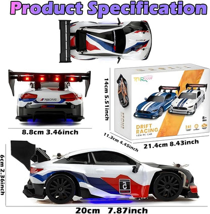 RC Drift Car 2.4GHz 1:24 Scale 4WD 25KM+/H High Speed Model Vehicle with LED Lights Drifting Tire Racing Sport Toy Car for Adults Boys Girls Kids Gift (White)