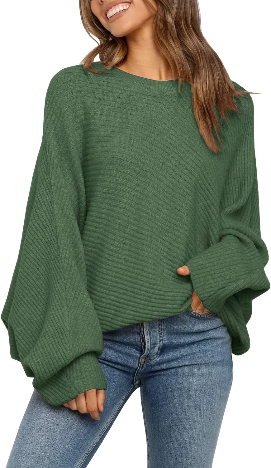 Mafulus Women's Oversized Crewneck Sweater Batwing Puff Long Sleeve Cable Slouchy Pullover Jumper Tops