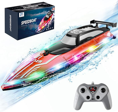RC Boat for Kids with LED Lights 2.4Ghz Remote Control Racing Boats for 8-12Toy Water Boat for Pools &amp Lakes with WaterproofRechargeable Battery for Boys Girls RED