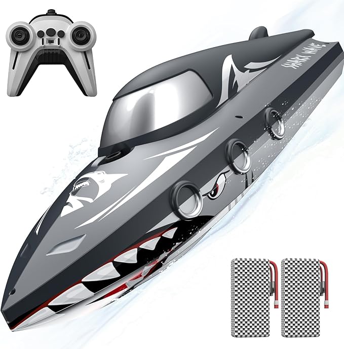 Shark RC Boat for Kids &amp Adults2.4GHz High Speed Remote Control Racing Boat W/ Dual Battery 50 Min RuntimeWaterproofFast Remote Control Toy Gift Kids 8-12 Ideal for Pools &amp LakesRealistic