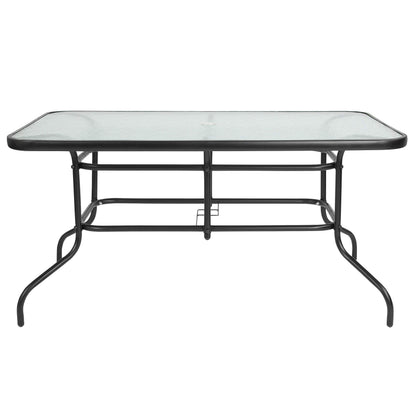 Flash Furniture Tory 31.5" x 55" Rectangular Tempered Glass Metal Patio Table with Umbrella Hole, Modern Rippled Glass Outdoor Dining Table, Black