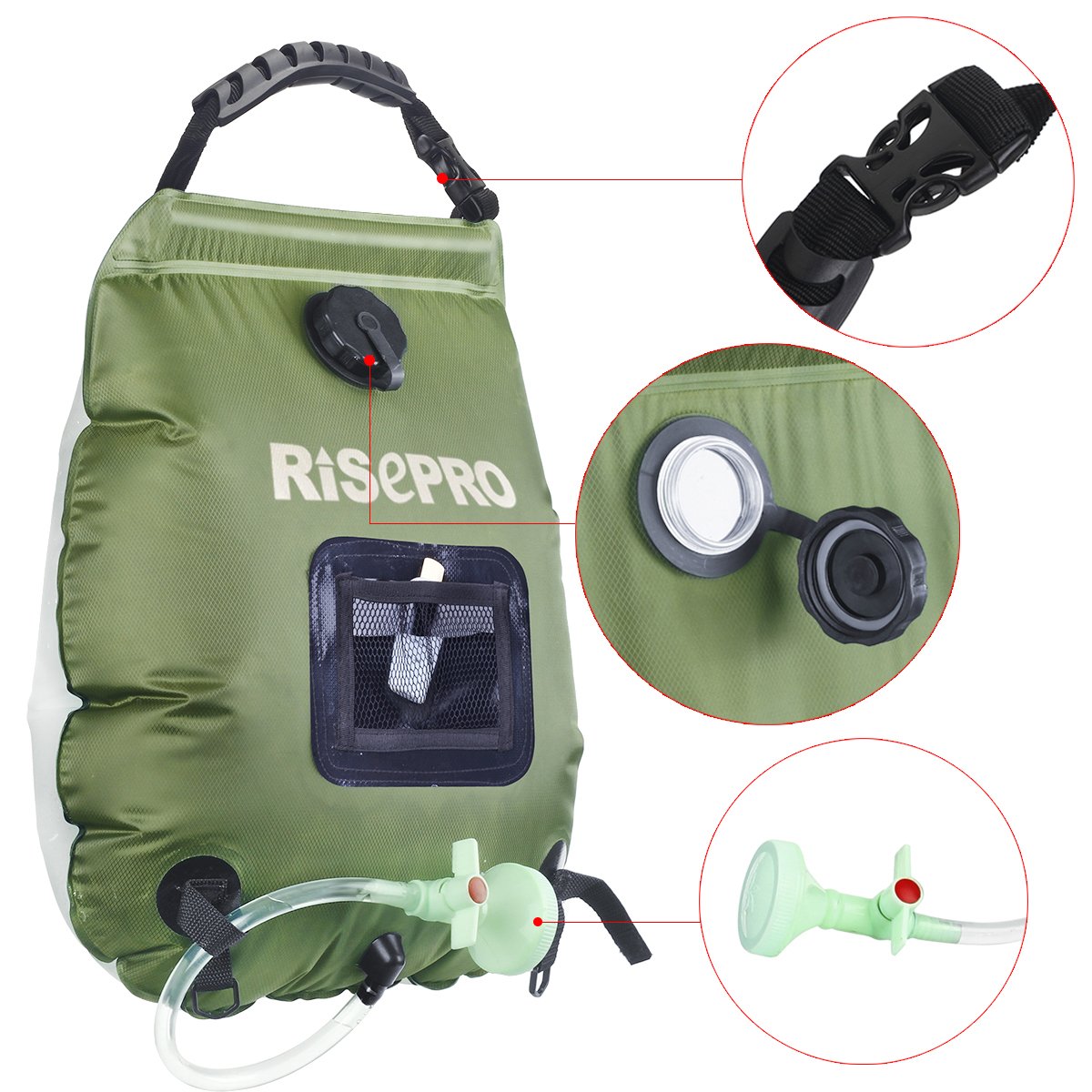 RISEPRO Solar Shower Bag, 5 gallons/20L Solar Heating Premium Camping Shower Bag Hot Water with Temperature 45°C Removable Hose on/Off Switchable Shower Head Hiking Climbing Summer Shower K8