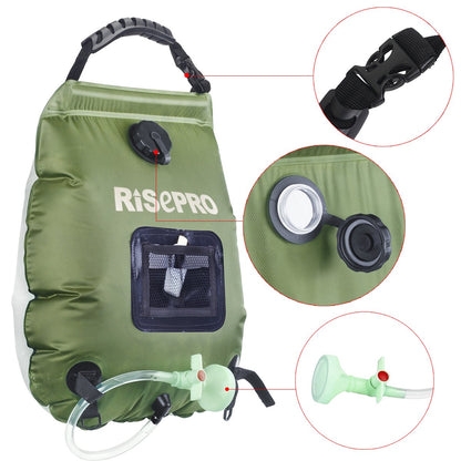 RISEPRO Solar Shower Bag, 5 gallons/20L Solar Heating Premium Camping Shower Bag Hot Water with Temperature 45°C Removable Hose on/Off Switchable Shower Head Hiking Climbing Summer Shower K8
