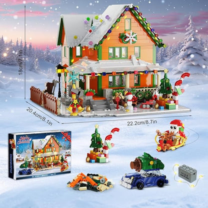 Christmas House Mini Building Set with Light PLAXSOON 1961 PCS Holiday Snow Village Architecture Model Building Block with Santa Claus Sleigh Xmas Display Toy Set for Adults Kids Boys Girls Ages 14+