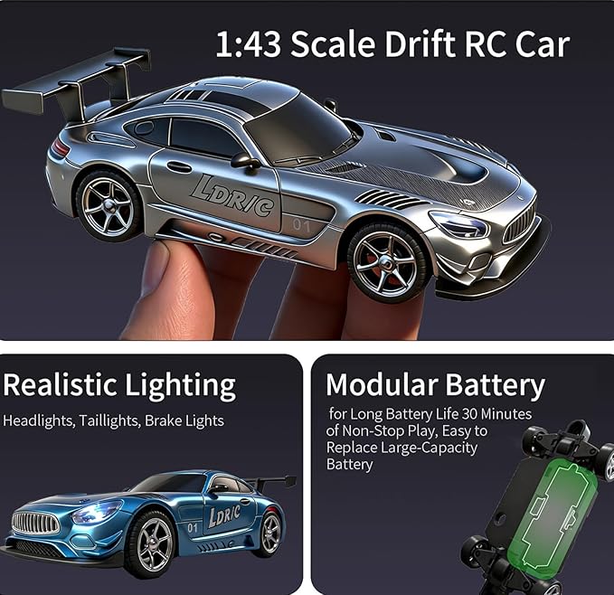 LDRC LD4301 1:43 Scale RC Drift Mini Car 2.4G Remote Control Car with Alloy Shell Built-in Gyroscope Mini Desktop Racing Vehicle for Indoor/Outdoor Play (Blue)