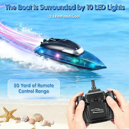 RC Boat with 1800mAh Battery Transparent Remote Control Boat with 10 LED Lights Auto Reverse 2.4 GHz Double Waterproof Racing Speedboat Toy for Kids and Adults Gift for Boys Girls for Lake &amp Po