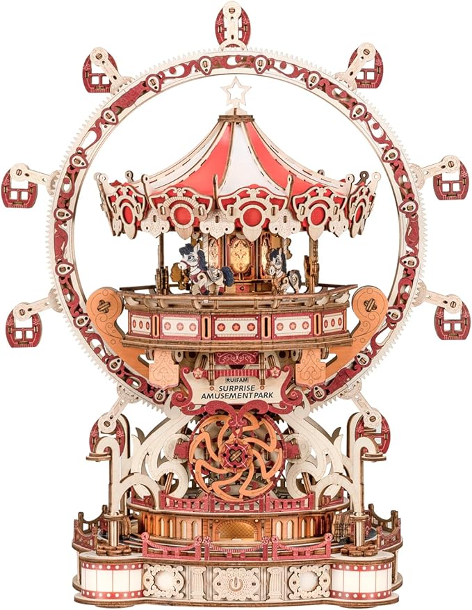3D Puzzles for Adults Wooden 3D Puzzle Model Surprise Amusement Park Music Box Toys Building Kits DIY Wood Crafts Cool Toy Hobbies for Men Women Creative Assembly Gifts