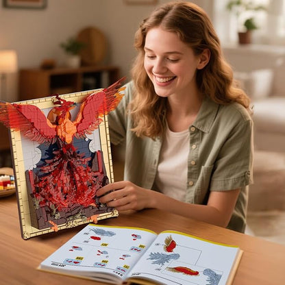 Phoenix Nirvana Building Block Sets 1565 Pcs Magic Fire Phoenix Building Toys with LED Lights 15*6.3*13.78in 3D Framed Wall Art Firebird DIY Model Kit for Gifts Decorations Collectibles