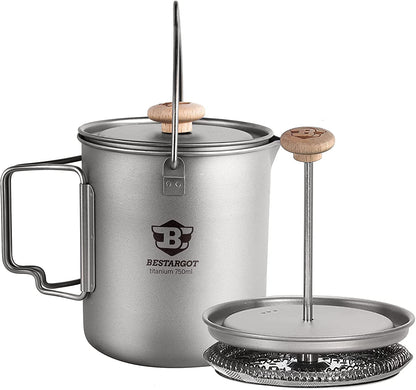 Bestargot Titanium Pot 750ml, Portable French Press | Ultralight Camping Pot for Coffee, Cooking & Survival | Compatible with Camp Stoves