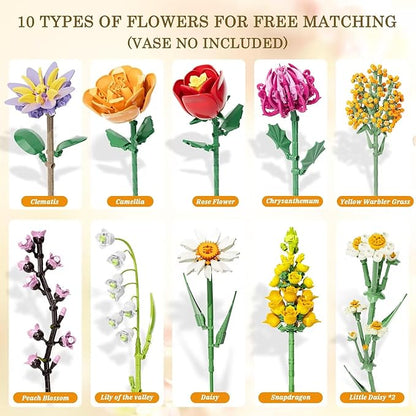 Flowers Bouquet Building Set 1070PCS Wildflower Botanical Collection Artificial Plant Flower Kit Toy for Adults Kids Women Her Home Decor Gift for Birthday Christmas Valentines(No Vase)