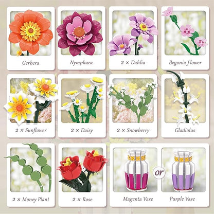 2 in 1 Vase Flowers Bouquet Building Set 16 Flowers Bouquet Sets for Adults &amp Women Compatible with Lego Flowers Bouquet Valentine's Day Gift for Her Girlfriend Wife 1278 PCS