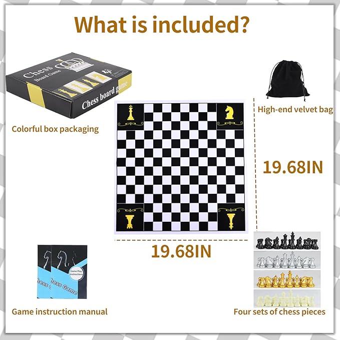 4 Four Players Chess Board Game Four Person Chess Set Game Unique Team Chess Set Mouse Pad Material with 4 Sets of Chess Pieces (64 Pieces) 2-4 Person Adult Game Portable Game Set
