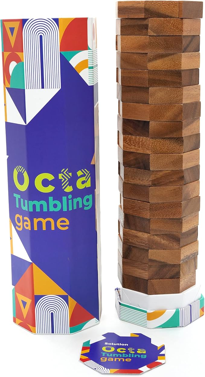 BSIRI Octa Tumbling Tower Game - Wooden Stacking Game Outdoor Games for Adults and Family Ideal for Game Night Home Decor for Living Room Classroom Office