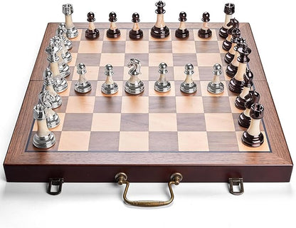 Deluxe Chess Set 16.5'' Wooden Large Folding Chess Board Game with Handle Weighted Acrylic Chess Pieces - 3.5 King with Storage Slots for Beginners Professional Players