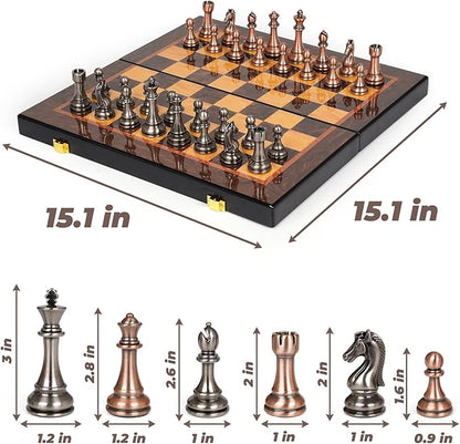 Luxury Metal Chess Set with 15 Inch Wooden Chess Board | Weighted Metal Chess Pieces | 2 Extra Queens | Professional &amp Tournament Style Chess Set for Adults | Elegant Game Room &amp Office Decor