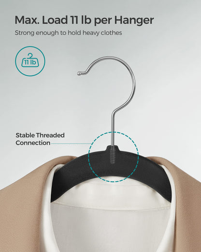 SONGMICS Velvet Hangers 50 Pack, Non-Slip Clothes Hangers, Suit Hangers with Shoulder Notches, Pants Bar, 360° Swivel Hook, Space-Saving, for Closet, Ink Black UCRF029B05