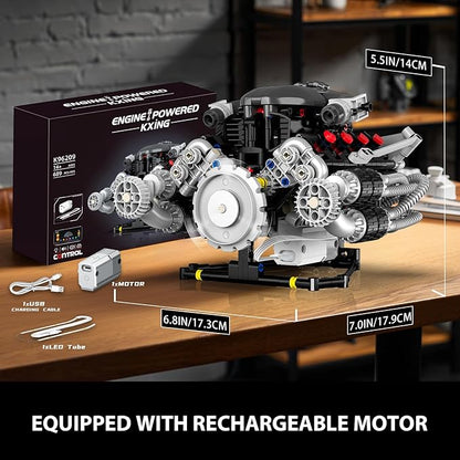 V8 Engine Model Kit That Works APP Controlled Engines Building Block Set for Adults Physical Science Experiment Models Best STEM Toy Gifts for Adult (689 Pcs)