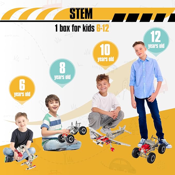 6-in-1 STEM Kit - Engineering Metal Truck Airplane and Sports Car Excavator Toy for Boys 8-12 - STEM Building Toys for Kids 5-7 6-8 8-10 Educational Toys for Kids Boys Model Kit