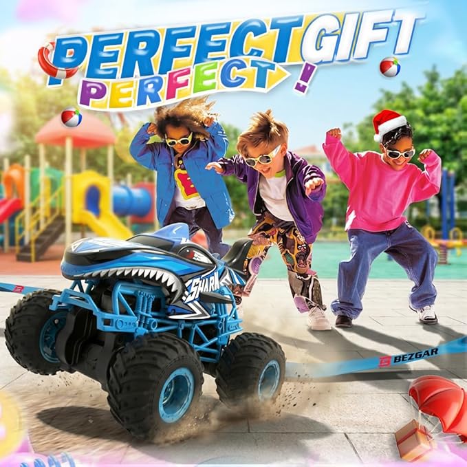 BEZGAR 1:16 Scale Remote Control Monster Truck - Shark Monster Truck Toys with 360° Spins and Drifting RC Car with Light and Music Remote Control Car for Boys 4-7 Kids Christmas Birthday Gifts