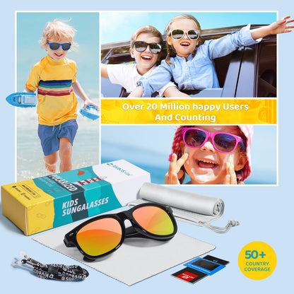 RIVBOS Kids Sunglasses Boys with Strap Polarized Rubber Flexible Shades for Toddler and Children Age 3-10 RBK004-2 Black Ice Red Lens