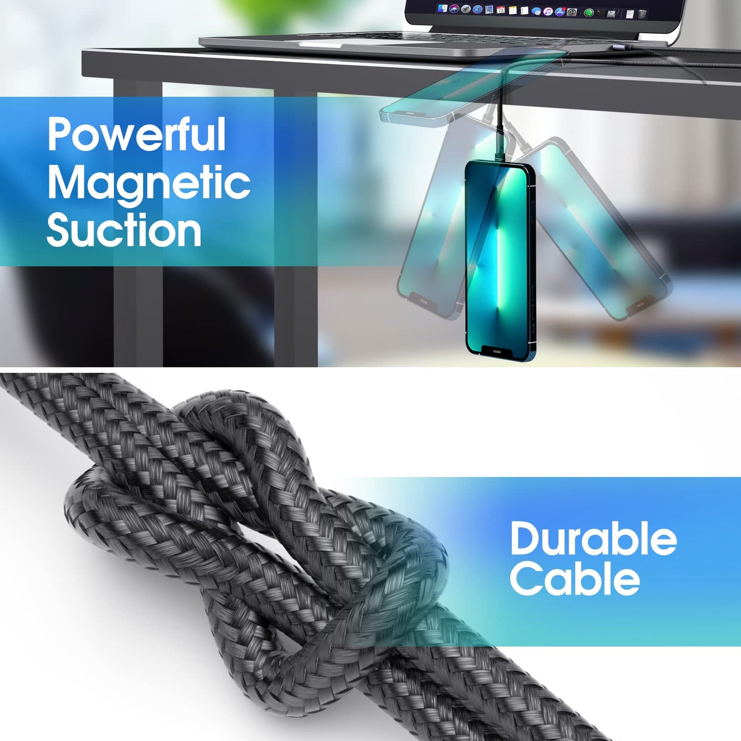 3 in 1 Magnetic Phone Charger - 5-Pack Rotating Magnetic Charger Cable with LED Light, Nylon Braided Cord for Micro-USB, USB C and i-Product Devices - Black