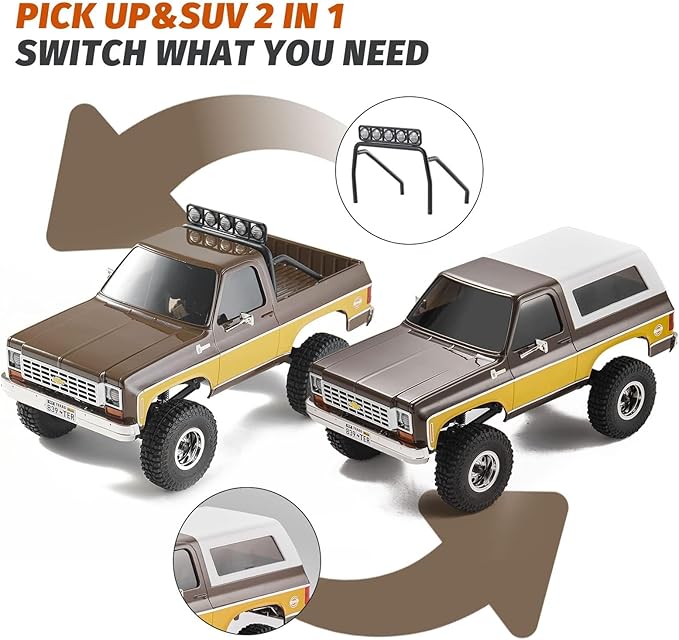 FCX24 FMS 1/24 K5 Chevy Blazer RC Crawler Officially Licensed Mini RC Car Pick Up Truck &amp SUV 2 in 1 4WD 8km/h 2 Speeds Switch Off-Road RC Model with LED Lights for Adults (Brown)