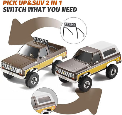 FCX24 FMS 1/24 K5 Chevy Blazer RC Crawler Officially Licensed Mini RC Car Pick Up Truck &amp SUV 2 in 1 4WD 8km/h 2 Speeds Switch Off-Road RC Model with LED Lights for Adults (Brown)