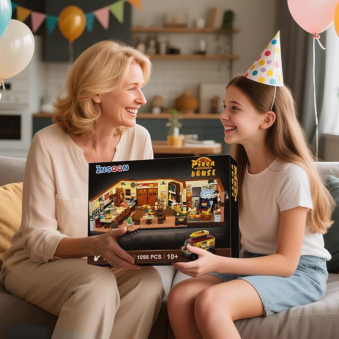 City Street Pizza Restaurant Building Set with Light 1098PCS Pizzeria House Architecture Model with Retro Pizza Van Home Decor Construction Building Block Gift for Adults Teens Boys Girls 10+