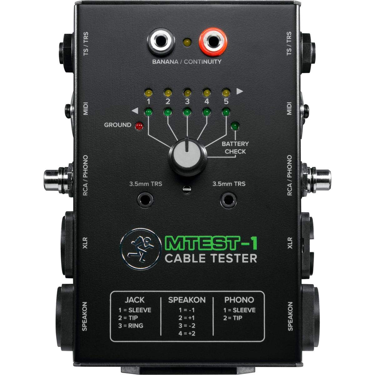 Mackie Cable Tester, 5-way switch Battery-Powered Connector Test, Black, (MTest-1)