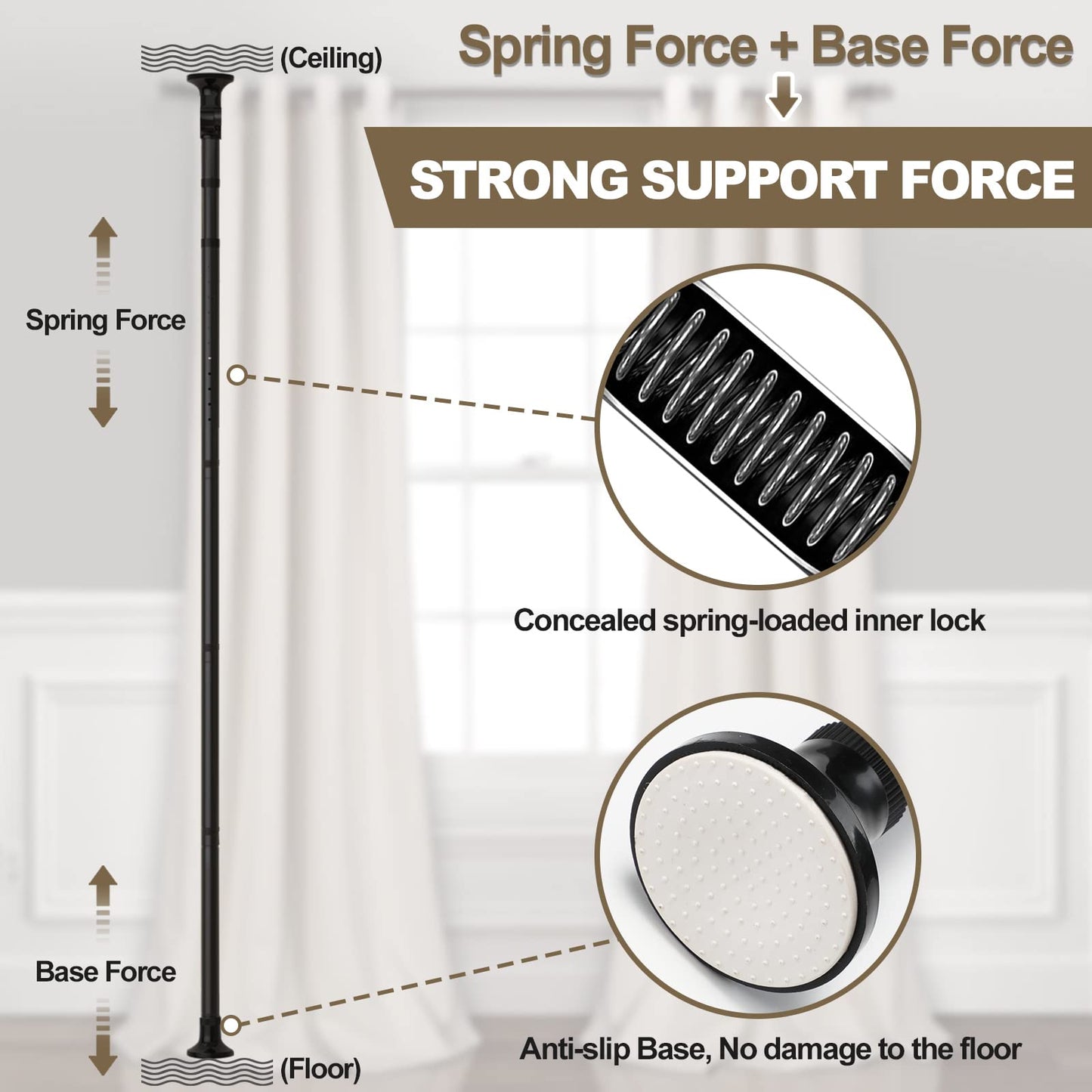 Room Divider, No Drilling Curtain Rod Wall Divider for Space Partition, Adjustable 4-10ft(H) 28-70inch(W) Heavy Duty Floor to Ceiling Tension Rod Dividers Temporary Privacy Separator Window Rods Black