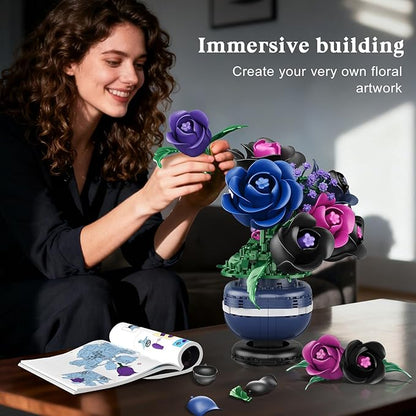 Flowers Botanicals Building Set - Artificial Purple Black Rose Bonsai Plant for Home Decor 507PCS Artificial Flowers Building Set Indoor Gothic Decoration Easter Birthday Gifts for Adults