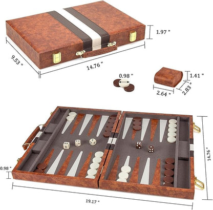 AMEROUS Backgammon Set 15 Inches Classic Board Game with Leather Case Folding Board Gift Package Portable Travel Strategy Backgammon Game Set for Adults Kids (Medium Brown)