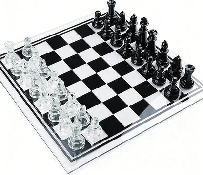 35cm/13.8 Glass Chess Set with Clear &amp Black Pieces – Elegant Transparent Board Game for Adults &amp Beginners Home Decor &amp Gift Choice