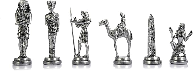 Egypt Pharaoh Antique Copper Figures Metal Chess Set for Adults Handmade Pieces and Natural Solid Wooden Chess Board with Pearl Design Around Board and Storage Inside King 3.4inc