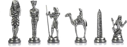 Egypt Pharaoh Antique Copper Figures Metal Chess Set for Adults Handmade Pieces and Natural Solid Wooden Chess Board with Pearl Design Around Board and Storage Inside King 3.4inc