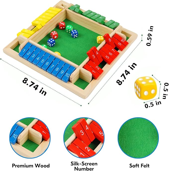 2 Pack Shut The Box Game 2-4 Play Wooden Dice Math Games for Adults and Kids Shut The Box Board with 8 Dices for Classroom Home Party Pub