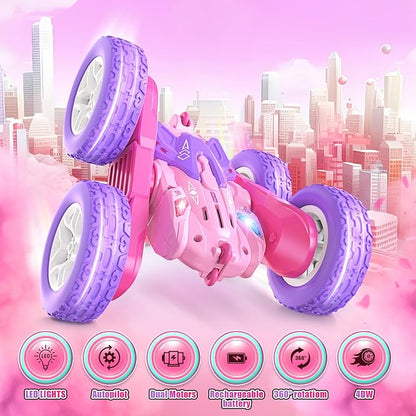 Remote Control Cars for Girls 2.4GHz RC Stunt Car with 360° Flips &amp Double Sided Driving Changeable Wheels LED Headlights Birthday Gift for 5-12 Year Old Girls (Pink)