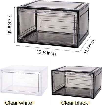 Attelite Large Clear Shoe Box OrganizerPlastic Stackable Shoe Storage Box with Magnetic Door Large Clear Door Shoe Containers for Display Sneakers Easy Assembly（Black）