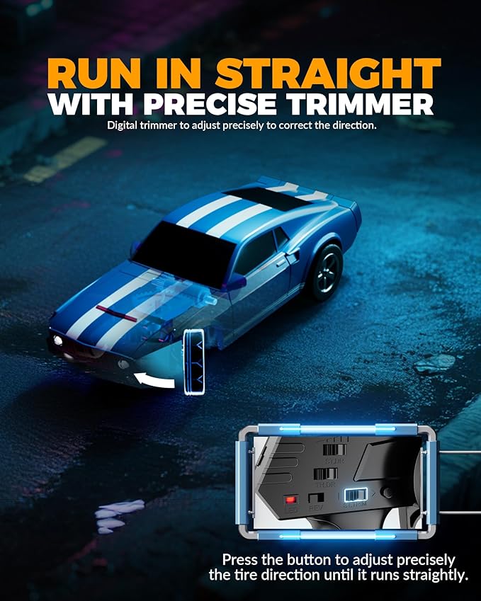 1/64 Scale Drift RC Car2.4Ghz Mini Sports CarEquipped with LED Lights and Mustang Retro Cars with Built-in GyroscopeProfessional Rear Wheel Drive30 Minute Driving Time (Blue)