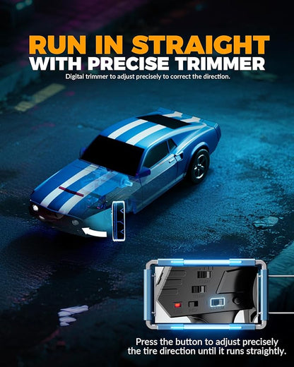 1/64 Scale Drift RC Car2.4Ghz Mini Sports CarEquipped with LED Lights and Mustang Retro Cars with Built-in GyroscopeProfessional Rear Wheel Drive30 Minute Driving Time (Blue)