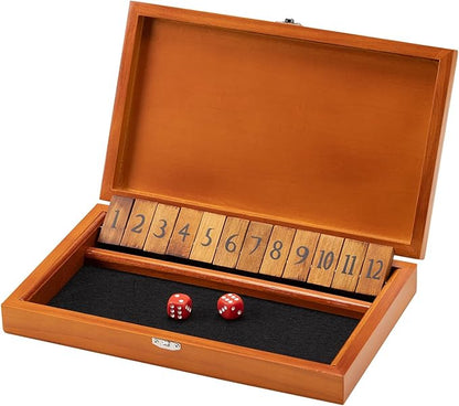 Shut The Box Dice Game with 12 Numbers and Lid Wooden Classic Board Game with 4 Dice Gift Package &amp Game Rules Close The Box Game for Kids Adults Family Classroom Home &amp Pub
