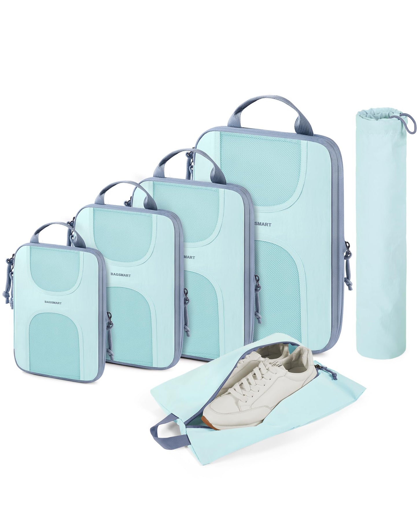 BAGSMART Compression Packing Cubes, 6 Set Packing Cubes for Suitcases, Lightweight Suitcases Organizers Bag Set & Compression Travel Cubes, Travel Essentials Packing Organizers Sky Blue