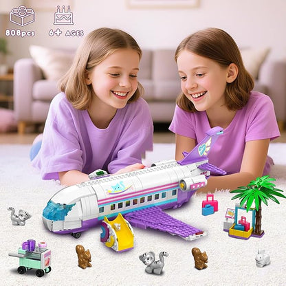 HOGOKIDS 3-in-1 Friends Airplane Building Toy Set - 808PCS Plane/Boat/Camper Van Building Toys with Cute 6 Mini Animals Slide Fun Accessories and Stickers Birthday Gifts for Girls Boys Age 8-12+