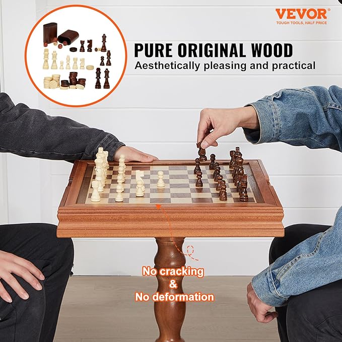 VEVOR 3-in-1 Chess Checkers Backgammon Table Set 18 Inch Premium Wooden Chess Table Deluxe Combo Game Table Furniture Set Chess Set Board Game Gift for Family Board Games