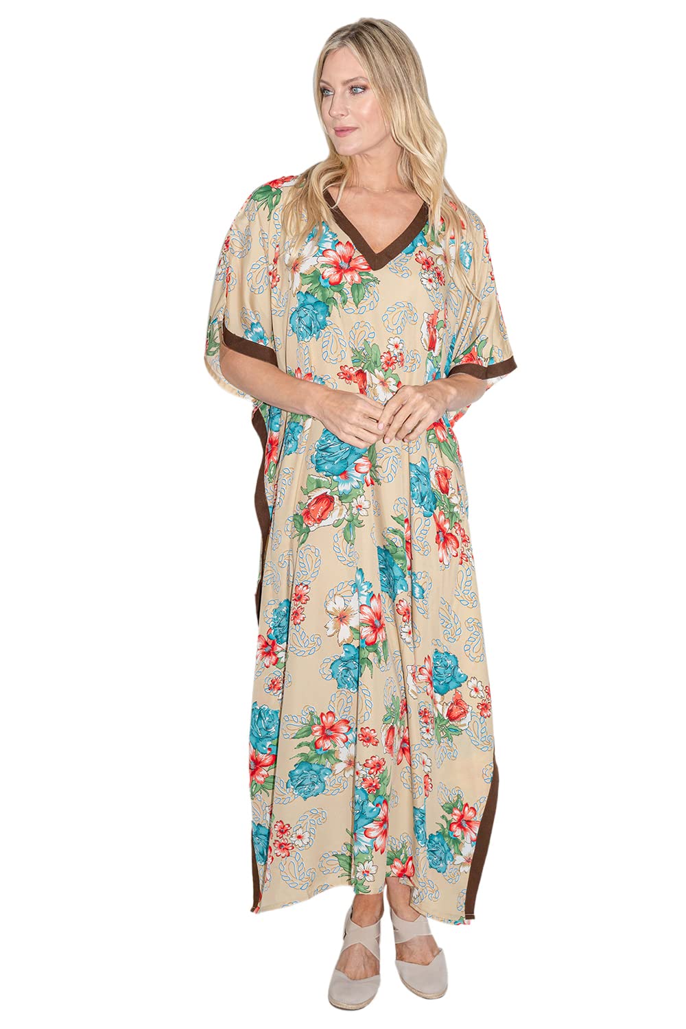 Miss Lavish London Womens Kaftan Tunic Kimono Dress Ladies Summer Evening Maxi Party One Size Fits 10-24 (One Size, 115-Brown)